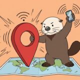 巨大な位置情報ピンを地図に突き立てスマホを掲げるラッコ