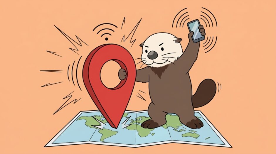 巨大な位置情報ピンを地図に突き立てスマホを掲げるラッコ