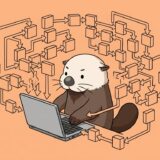 パソコンから飛び出したフローチャートに囲まれるラッコ