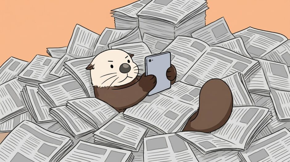 新聞の山に埋もれながらタブレットで記事を検索するラッコ