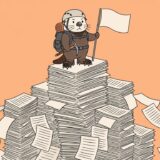 論文の山の頂上に旗を立てるラッコ