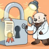 巨大な鍵マークを聴診器で診察するラッコ