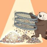 貝殻を3段のふるいにかけて分けるラッコ