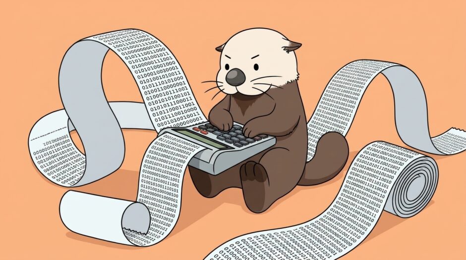 0と1の長いレシートを引き出しながら電卓を叩くラッコ