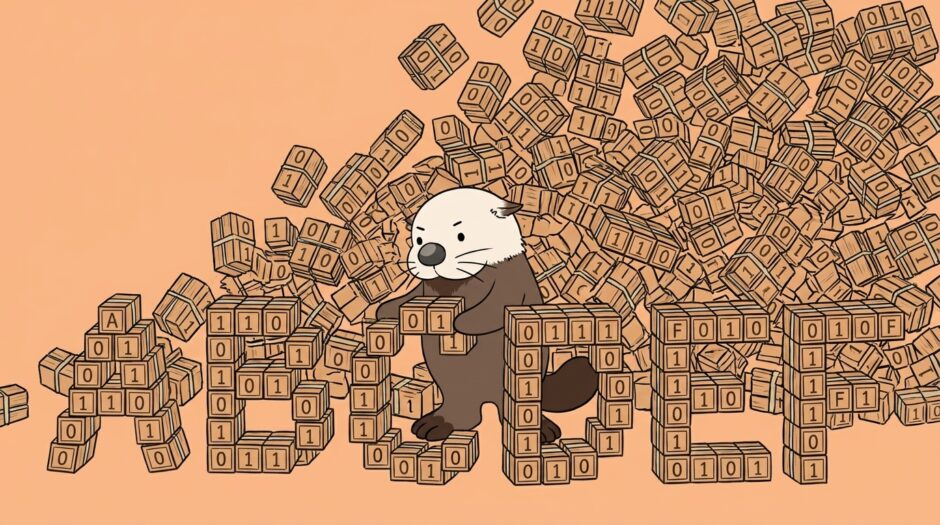 0と1の積み木を束ねてA〜Fのブロックに組み替えるラッコ