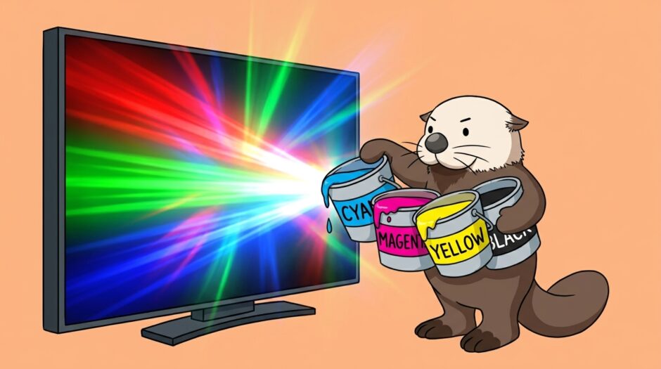 4色のインクをテレビに注いで光に変えるラッコ