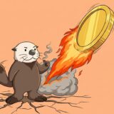 弾いた巨大コインがロケットのように打ち上がるのを真顔で見上げるラッコ