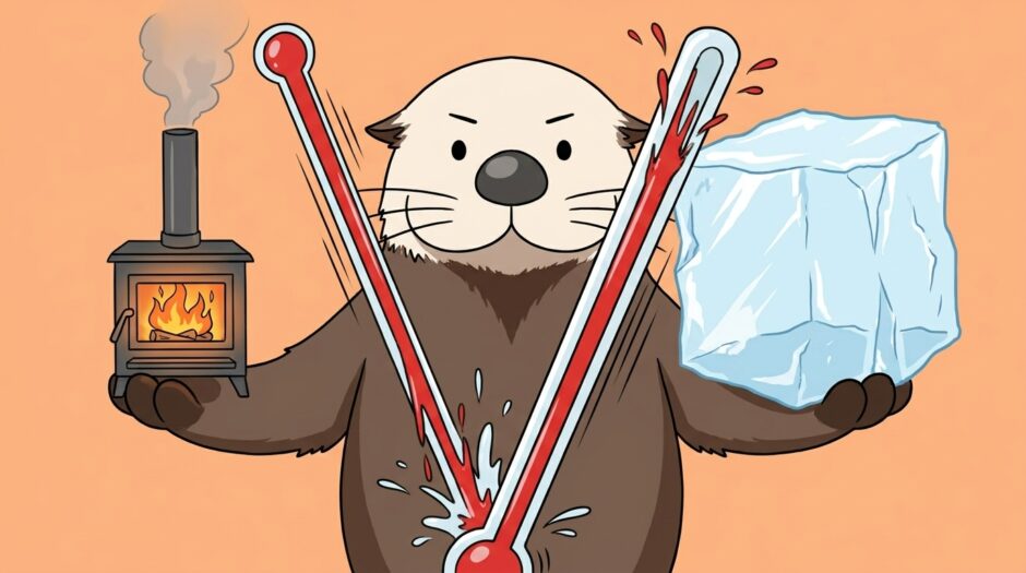 ストーブと氷を持ち暴れる温度計の前に立つラッコ