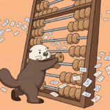 数字の札が舞う中で巨大なそろばんをはじくラッコ