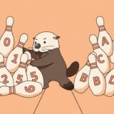 数字入りのボウリングのピンを8本ずつ並べ直すラッコ