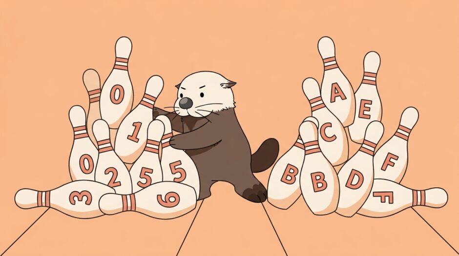 数字入りのボウリングのピンを8本ずつ並べ直すラッコ
