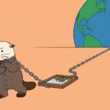 写真の額縁に長い鎖をつないで地球儀まで伸ばすラッコ