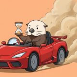 砂時計を掲げてゴーカートを猛スピードで運転するラッコ