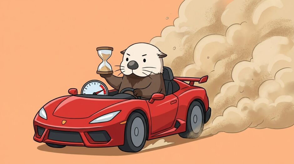 砂時計を掲げてゴーカートを猛スピードで運転するラッコ