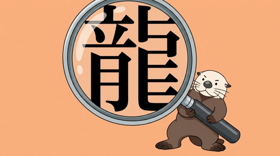 虫眼鏡で巨大化した漢字を支えるラッコ