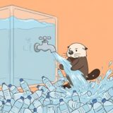 巨大な水槽の水をペットボトルに注ぎ分けるラッコ