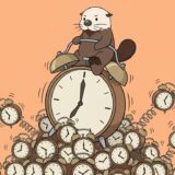 鳴り響く目覚まし時計の山の上に巨大な時計を乗せて座るラッコ