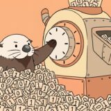 8目盛りのダイヤルから噴き出す0と1のブロックに埋もれるラッコ