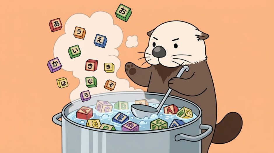 アルファベットのブロックを鍋で煮てひらがなにするラッコ