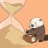 巨大な砂時計の砂粒をピンセットで数えるラッコ