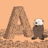 0と1のブロックでAの文字像を組み立てるラッコ