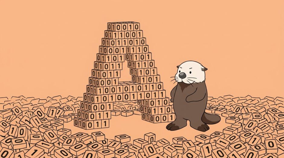 0と1のブロックでAの文字像を組み立てるラッコ