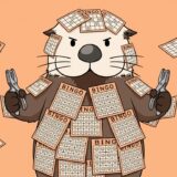 全身にビンゴカードを貼り付けて待ち構えるラッコ