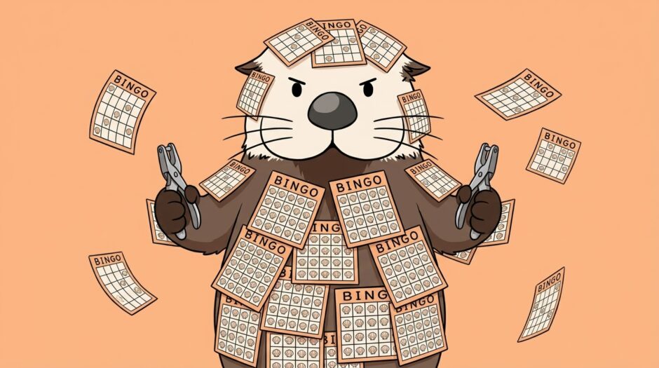 全身にビンゴカードを貼り付けて待ち構えるラッコ