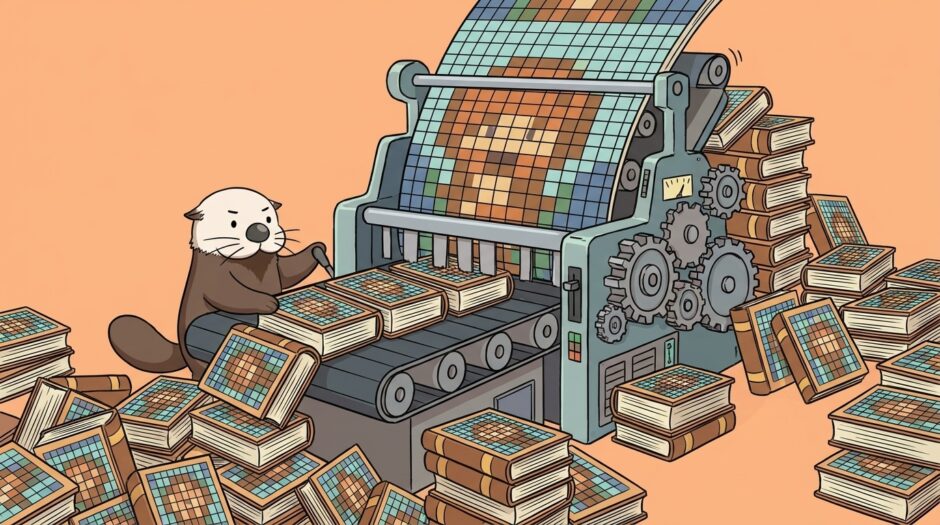 ドット絵を製本機で分厚い本に綴じるラッコ