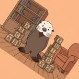 文字の積み木を斜めに並べて部屋ごと傾くラッコ