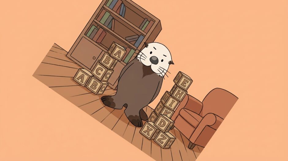 文字の積み木を斜めに並べて部屋ごと傾くラッコ