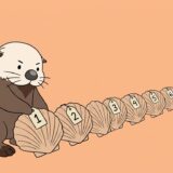 一列に並べたホタテに番号札を貼るラッコ