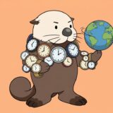 たくさんの時計を身につけて地球儀を回すラッコ