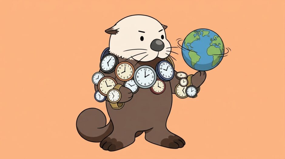 たくさんの時計を身につけて地球儀を回すラッコ