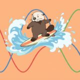 3本の波線グラフの上をサーフィンするラッコ