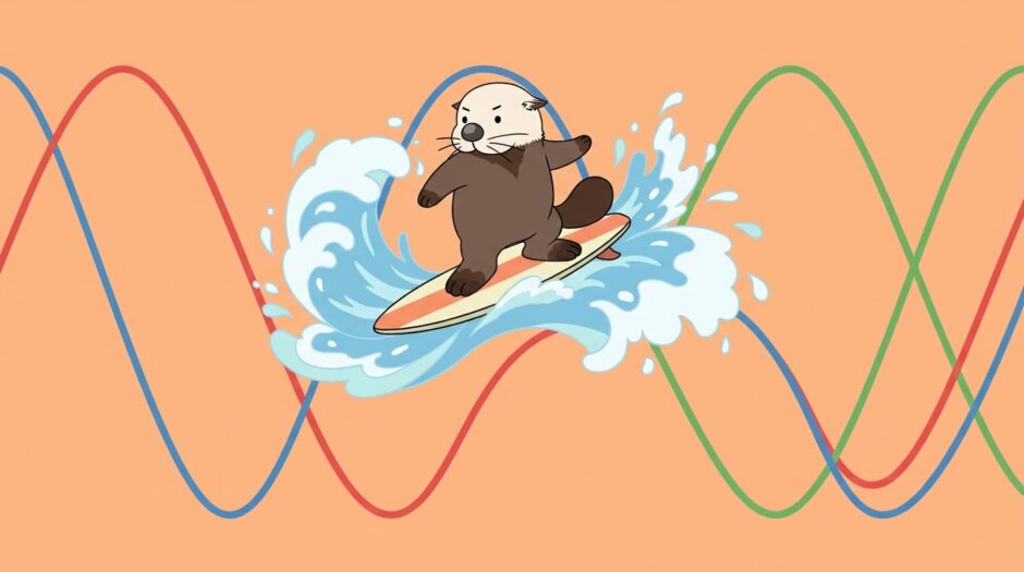 3本の波線グラフの上をサーフィンするラッコ