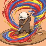 パレットで絵の具を混ぜて色の渦を起こすラッコ