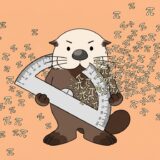 分度器からπの記号が大量に弾け飛ぶ中で目盛りを読むラッコ