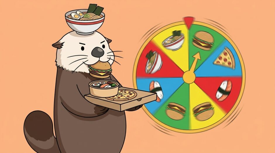 外食先を決めきれず全部の料理を抱え込んで食べようとするラッコ