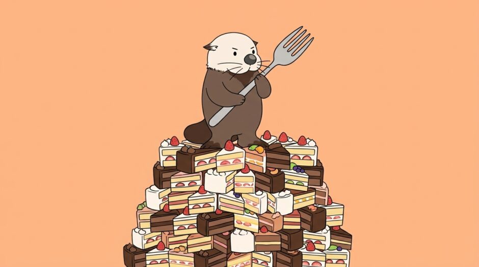 ケーキのピースを足し合わせた巨大ケーキの上でフォークを構えるラッコ