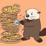 積み上がったピザの切れ目をピザカッターでそろえるラッコ