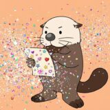 手紙の文字をデコシールでキラキラに飾るラッコ