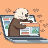 パソコン画面から乗り出してWebページの部品を並べるラッコ