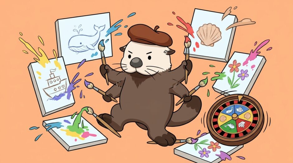 お題ルーレットの後に両手両足しっぽで同時に絵を描く画家ラッコ