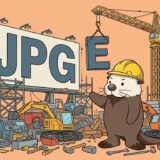 JPGの看板にEの文字を取り付ける工事を指揮するラッコ