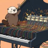ピアノにつないだ周波数メーターが振り切れる中、音叉を掲げるラッコ