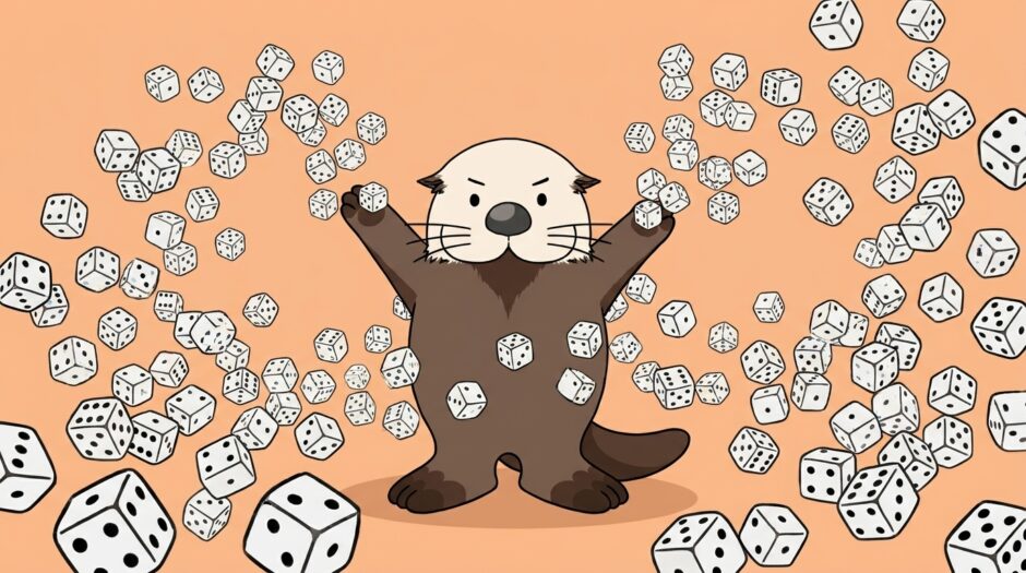 大量のサイコロを放り投げるラッコ
