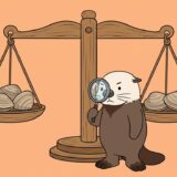 巨大な天秤に貝を3対2で乗せて比率を確認するラッコ