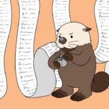 長文の紙の前でカウンターを押して文字数を数えるラッコ