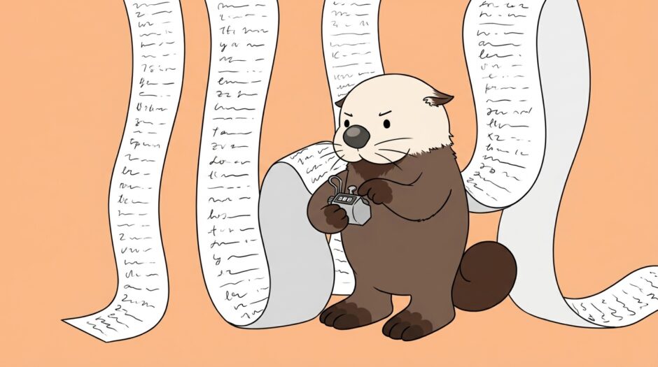 長文の紙の前でカウンターを押して文字数を数えるラッコ